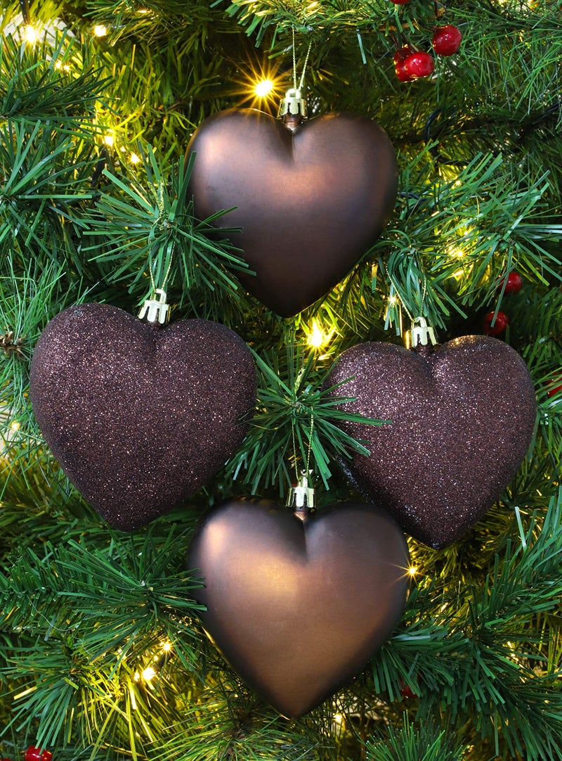 Christmas ConceptsÂ® 4-100mm Heart Shaped Baubles - Matte & Glitter Design - Christmas Ornaments (Mocha) - Image 2